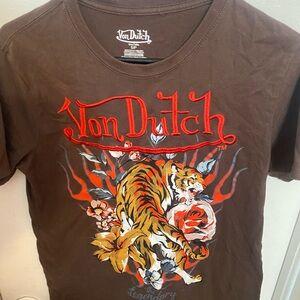 Von Dutch Brown Tee with Red Logo and Multicolor Tiger Graphic